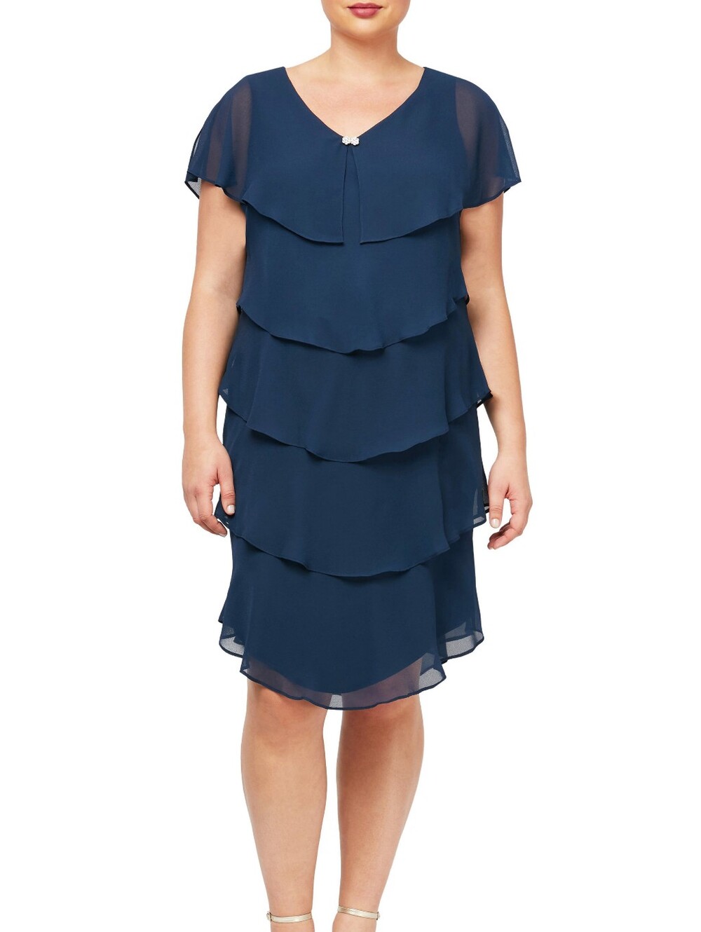 SLNY Navy Blue Tiered Capelet Rhinestone Detail Flowy Ruffle Dress Size 14W